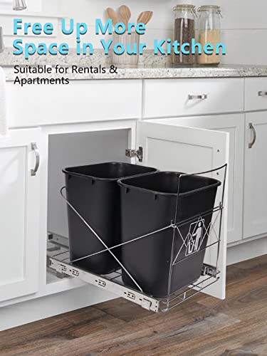 Double 35-Quart Pull-Out Trash Can Under Cabinet, Sliding Cabinet Trash Can Pull Out Kit for 18-Inch Wide Cabinets, Slide-Out Dual Trash Can Rack for Kitchen Cabinets, Garbage Can Not Included