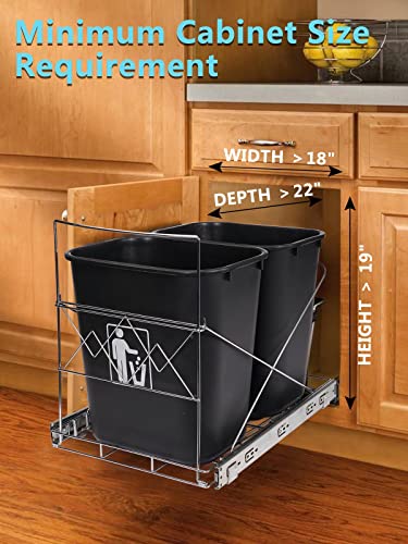 Double 35-Quart Pull-Out Trash Can Under Cabinet, Sliding Cabinet Trash Can Pull Out Kit for 18-Inch Wide Cabinets, Slide-Out Dual Trash Can Rack for Kitchen Cabinets, Garbage Can Not Included