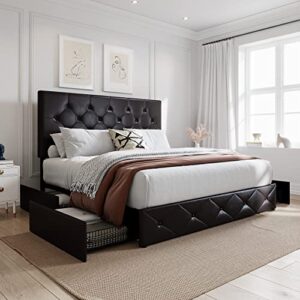 sha cerlin upholstered king platform storage bed frame with 4 drawers, adjustable headboard with faux leather diamond button tufted design, wooden slat support, no box spring needed, black brown