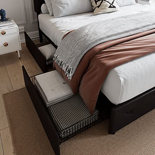SHA CERLIN Upholstered King Platform Storage Bed Frame with 4 Drawers, Adjustable Headboard with Faux Leather Diamond Button Tufted Design, Wooden Slat Support, No Box Spring Needed, Black Brown