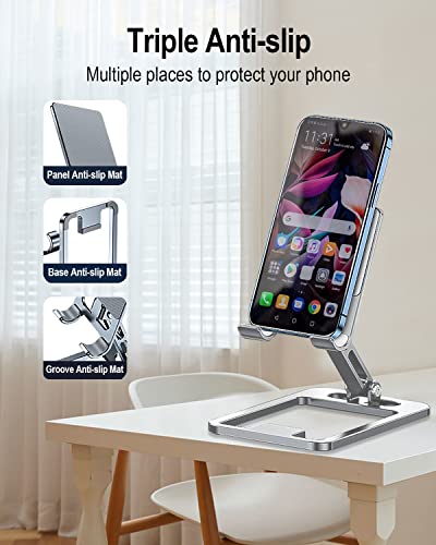 Folding Cell Phone Stand, Adjustable Desktop Phone Holder Dock Compatible with Phone 14 13 12, Plus, Pro, Pro Max, Samsung Galaxy S22 S10, 4-10 inch Tablet (Silver)