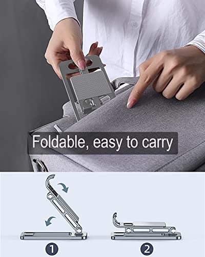 Folding Cell Phone Stand, Adjustable Desktop Phone Holder Dock Compatible with Phone 14 13 12, Plus, Pro, Pro Max, Samsung Galaxy S22 S10, 4-10 inch Tablet (Silver)