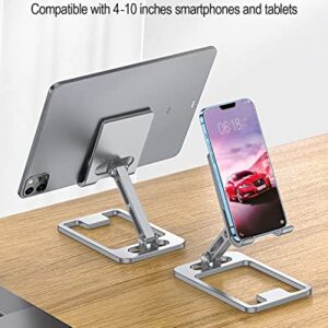 Folding Cell Phone Stand, Adjustable Desktop Phone Holder Dock Compatible with Phone 14 13 12, Plus, Pro, Pro Max, Samsung Galaxy S22 S10, 4-10 inch Tablet (Silver)