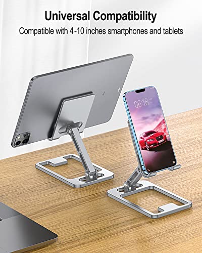 Folding Cell Phone Stand, Adjustable Desktop Phone Holder Dock Compatible with Phone 14 13 12, Plus, Pro, Pro Max, Samsung Galaxy S22 S10, 4-10 inch Tablet (Silver)