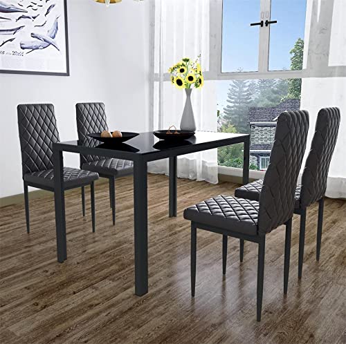 DFONCE 5-Piece Kitchen Dining Table Set Dining Table Set with Glass Tabletop PU Leather Chairs Dining Table Set for 4 for Dining Room Kitchen Dinette and Compact Spac Black