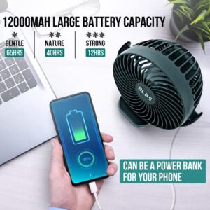 Rechargeable Fan - 65H 12000mAh Camping Fan Rechargeable, Tent Fan Use As Power Bank, Rechargable Fan with Hanging Hook, 360°Head Rotation Camping Fans for Tents, Camp Fan for Camping, Green