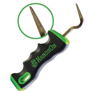 handson hoof pick - horse grooming supplies for daily cleaning & maintenance - metal pick w/hoof filer for horses - ergonomic grip