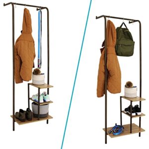 Sunnydaze 67-Inch H Wall-Mounted Garment Hanging Rack with Shelves and Hooks -Rustic Wood with Black Metal Frame