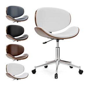 OKAKOPA White Desk Chair Small Office Chair 360° Swivel Height Adjustable Modern Office Chair Ergonomic Curved Wood Desk Chairs Leather Armless Desk Chair with Wheels (White)