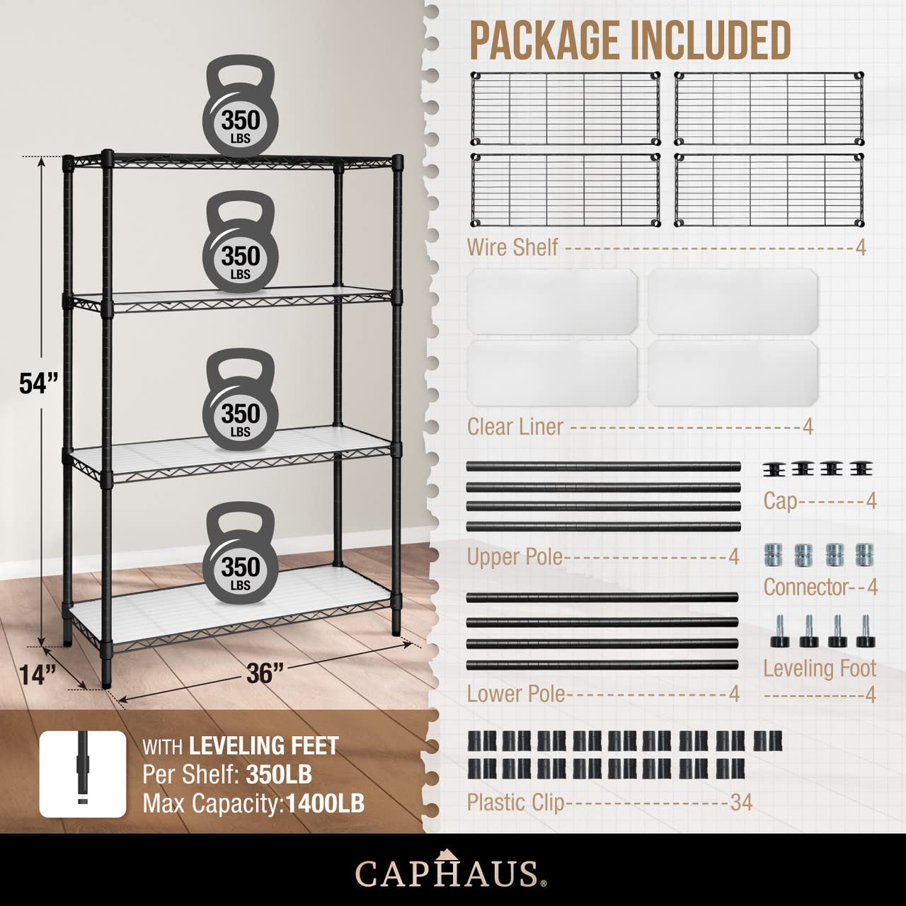 CAPHAUS NSF Adjustable Height Wire Shelving Unit w/Liner, Basement Storage Shelving, Metal Steel Storage Shelves, Garage Shelving Storage Organizer, Utility Shelf, 4-Tier No Wheels W/Liners, Black