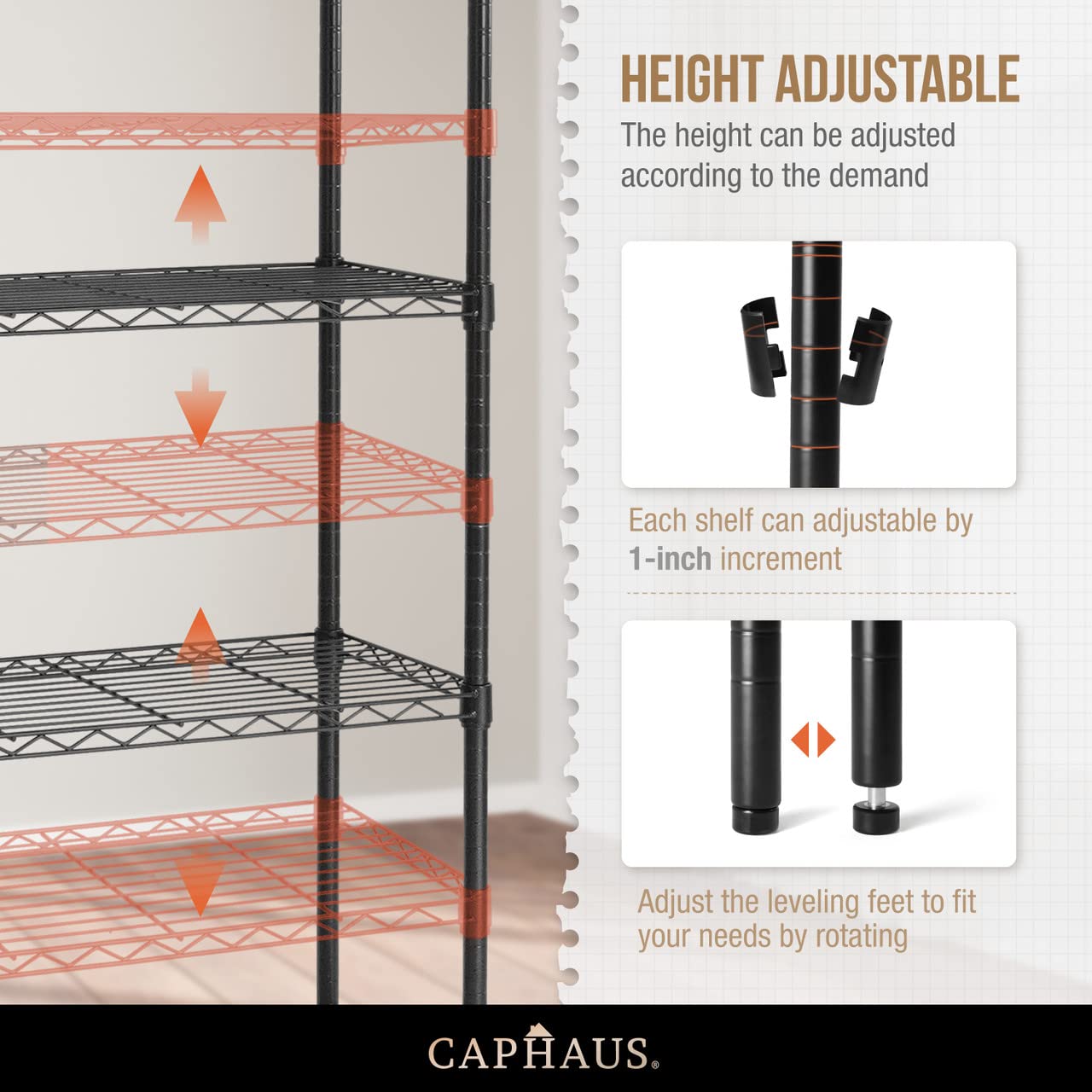 CAPHAUS NSF Adjustable Height Wire Shelving Unit w/Liner, Basement Storage Shelving, Metal Steel Storage Shelves, Garage Shelving Storage Organizer, Utility Shelf, 4-Tier No Wheels W/Liners, Black