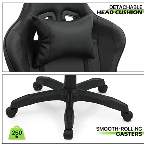 Magshion Gaming Chair with Footrest Headrest & Lumbar Support, Black High Back Ergonomic Video Game Chair Adjustable Height Swivel Leather Computer Chair for Home Office