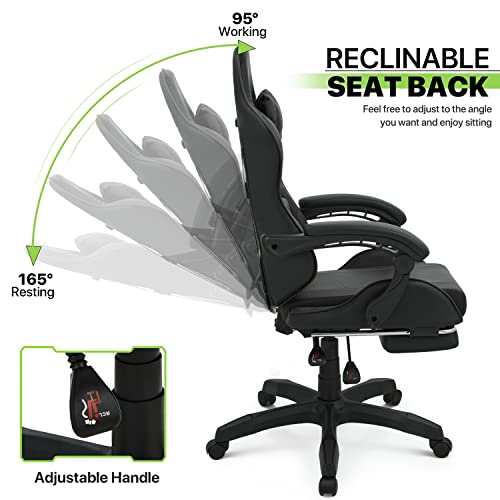 Magshion Gaming Chair with Footrest Headrest & Lumbar Support, Black High Back Ergonomic Video Game Chair Adjustable Height Swivel Leather Computer Chair for Home Office