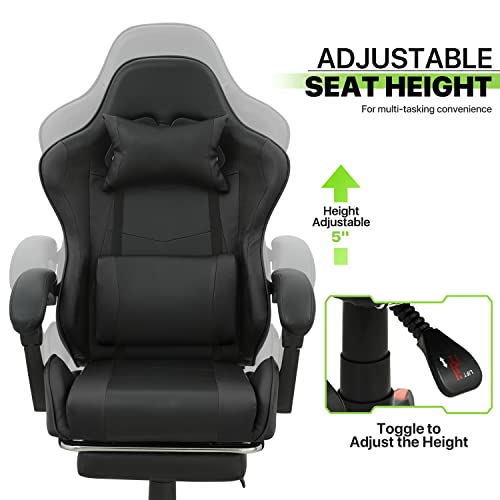 Magshion Gaming Chair with Footrest Headrest & Lumbar Support, Black High Back Ergonomic Video Game Chair Adjustable Height Swivel Leather Computer Chair for Home Office