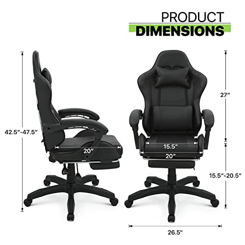 Magshion Gaming Chair with Footrest Headrest & Lumbar Support, Black High Back Ergonomic Video Game Chair Adjustable Height Swivel Leather Computer Chair for Home Office
