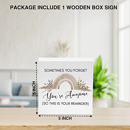 Boho Rainbow Theme Inspirational Desk Decor Wooden Box Sign - Motivational Table Sign For Kids Room Nursery Playroom Classroom-Sometime You Forget You're Awesome So This Is Your Reminder(TongMu-04)