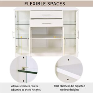 SEASD Functional Sideboard with Tempered Glass Large Storage Space Adjustable Shelf Buffet (White/Black)