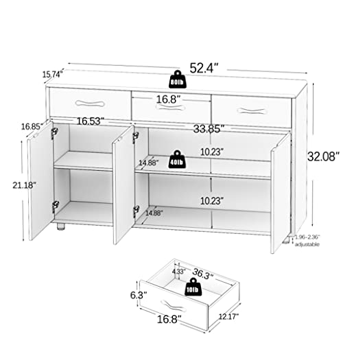 SEASD 52 Inch Large Sideboard Set 3 Door Buffet Easy to Assemble, Suitable for Living Room Home Decor and Storage