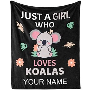 personalized koala blanket with name - soft, fuzzy & warm - 50"x60" throw size blanket for bed, couch, sofa - black cute throw gifts for girls, boys