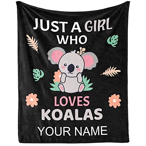 Personalized Koala Blanket with Name - Soft, Fuzzy & Warm - 50"x60" Throw Size Blanket for Bed, Couch, Sofa - Black Cute Throw Gifts for Girls, Boys