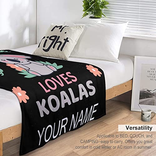 Personalized Koala Blanket with Name - Soft, Fuzzy & Warm - 50"x60" Throw Size Blanket for Bed, Couch, Sofa - Black Cute Throw Gifts for Girls, Boys