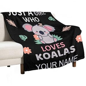 Personalized Koala Blanket with Name - Soft, Fuzzy & Warm - 50"x60" Throw Size Blanket for Bed, Couch, Sofa - Black Cute Throw Gifts for Girls, Boys