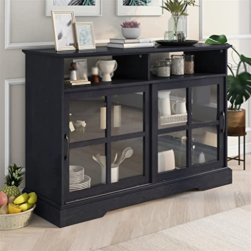 SEASD Kitchen Sideboard Buffet with 2 Glass Sliding Doors and Adjustable Shelves Storage Cabinet for Dining Room