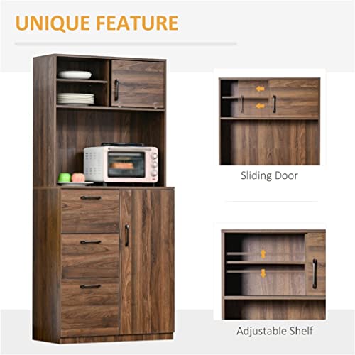 SEASD 70" Kitchen Buffet with 3 Drawers, Sliding Doors, Large Cabinets and Adjustable Shelves, Walnut