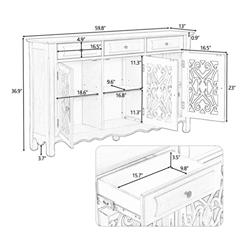 SEASD 59.8" Console Table Sideboard with 3 Doors, Drawers and Adjustable Shelves for Living Room Dining Room