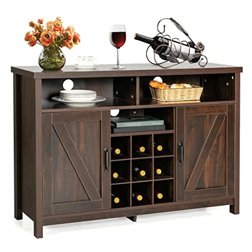 SEASD Buffet Storage Cabinet Farmhouse Sideboard with 9 Bottle Wine Rack and 2 Door Cabinets