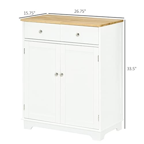 SEASD Kitchen Storage Cabinet, Sideboard Floor Cupboard with Solid Wood Top, Adjustable Shelf, and 2 Drawers