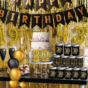 Henghere 80th Birthday Decorations for Men Women, 80th Birthday Party Supplies, Vintage - Eighty Birthday Party Beverage Can Cooler Sleeves, 12-Pack (Black & Gold)