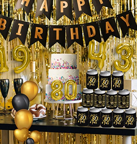 Henghere 80th Birthday Decorations for Men Women, 80th Birthday Party Supplies, Vintage - Eighty Birthday Party Beverage Can Cooler Sleeves, 12-Pack (Black & Gold)