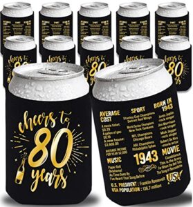henghere 80th birthday decorations for men women, 80th birthday party supplies, vintage - eighty birthday party beverage can cooler sleeves, 12-pack (black & gold)
