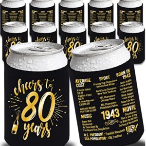 Henghere 80th Birthday Decorations for Men Women, 80th Birthday Party Supplies, Vintage - Eighty Birthday Party Beverage Can Cooler Sleeves, 12-Pack (Black & Gold)