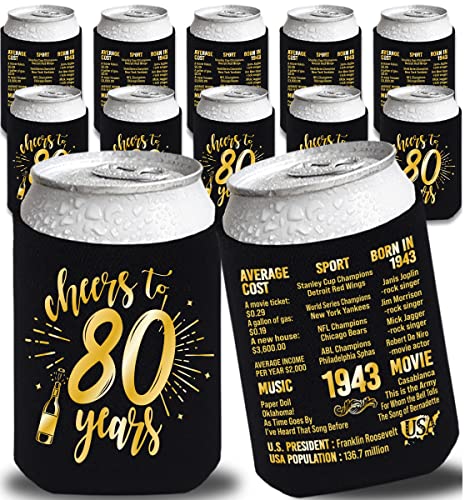 Henghere 80th Birthday Decorations for Men Women, 80th Birthday Party Supplies, Vintage - Eighty Birthday Party Beverage Can Cooler Sleeves, 12-Pack (Black & Gold)