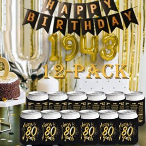 Henghere 80th Birthday Decorations for Men Women, 80th Birthday Party Supplies, Vintage - Eighty Birthday Party Beverage Can Cooler Sleeves, 12-Pack (Black & Gold)