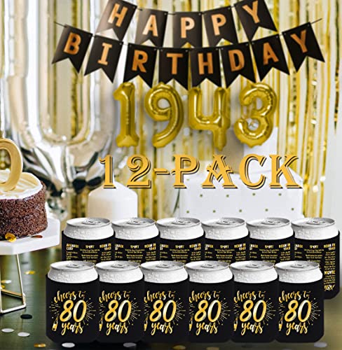 Henghere 80th Birthday Decorations for Men Women, 80th Birthday Party Supplies, Vintage - Eighty Birthday Party Beverage Can Cooler Sleeves, 12-Pack (Black & Gold)