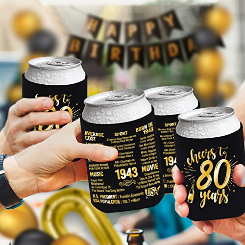 Henghere 80th Birthday Decorations for Men Women, 80th Birthday Party Supplies, Vintage - Eighty Birthday Party Beverage Can Cooler Sleeves, 12-Pack (Black & Gold)