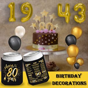 Henghere 80th Birthday Decorations for Men Women, 80th Birthday Party Supplies, Vintage - Eighty Birthday Party Beverage Can Cooler Sleeves, 12-Pack (Black & Gold)