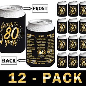 Henghere 80th Birthday Decorations for Men Women, 80th Birthday Party Supplies, Vintage - Eighty Birthday Party Beverage Can Cooler Sleeves, 12-Pack (Black & Gold)