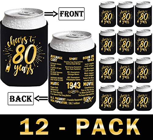 Henghere 80th Birthday Decorations for Men Women, 80th Birthday Party Supplies, Vintage - Eighty Birthday Party Beverage Can Cooler Sleeves, 12-Pack (Black & Gold)