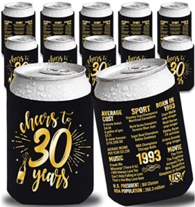 henghere 30th birthday decorations for men women, 30th birthday party supplies, vintage - thirty birthday party beverage can cooler sleeves, 12-pack (black & gold)