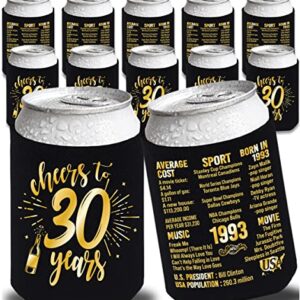 Henghere 30th Birthday Decorations for Men Women, 30th Birthday Party Supplies, Vintage - Thirty Birthday Party Beverage Can Cooler Sleeves, 12-Pack (Black & Gold)