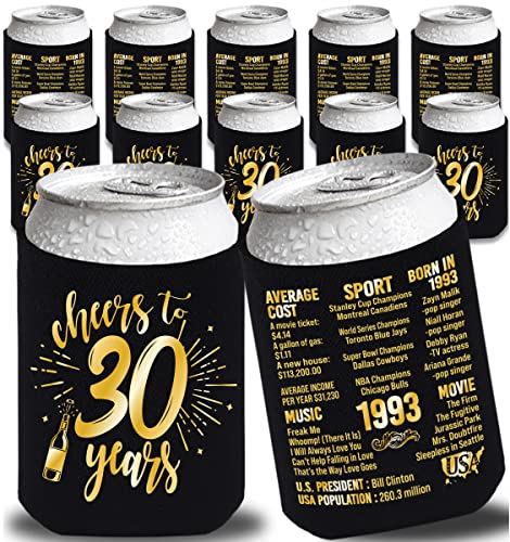 Henghere 30th Birthday Decorations for Men Women, 30th Birthday Party Supplies, Vintage - Thirty Birthday Party Beverage Can Cooler Sleeves, 12-Pack (Black & Gold)