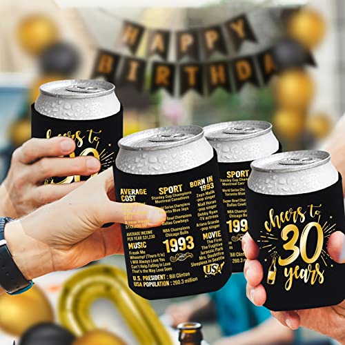 Henghere 30th Birthday Decorations for Men Women, 30th Birthday Party Supplies, Vintage - Thirty Birthday Party Beverage Can Cooler Sleeves, 12-Pack (Black & Gold)