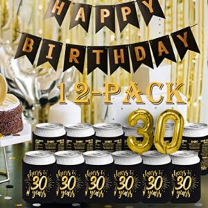 Henghere 30th Birthday Decorations for Men Women, 30th Birthday Party Supplies, Vintage - Thirty Birthday Party Beverage Can Cooler Sleeves, 12-Pack (Black & Gold)