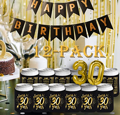 Henghere 30th Birthday Decorations for Men Women, 30th Birthday Party Supplies, Vintage - Thirty Birthday Party Beverage Can Cooler Sleeves, 12-Pack (Black & Gold)