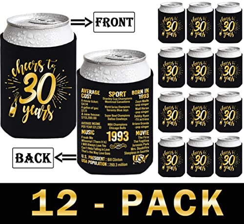 Henghere 30th Birthday Decorations for Men Women, 30th Birthday Party Supplies, Vintage - Thirty Birthday Party Beverage Can Cooler Sleeves, 12-Pack (Black & Gold)