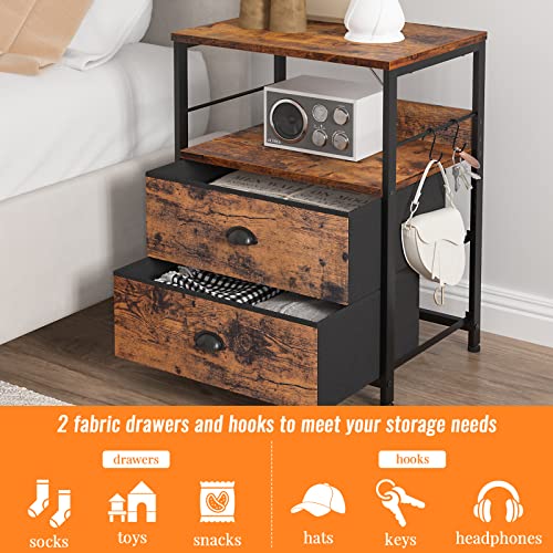 Furologee Nightstands Set 2, Bedside Table with 2 Fabric Drawers, End Table with 2 Hooks, Open Wood Shelf Side Sofa Table for Bedroom/Living Room/Study/Hallway/Rustic Brown